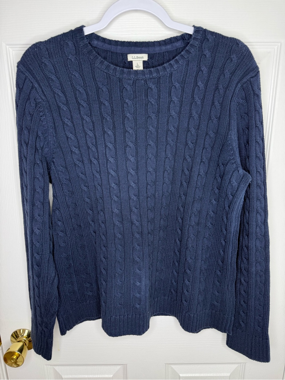 L.L.Bean 100% Cotton Cable Knit Crewneck Sweater Navy Blue Large